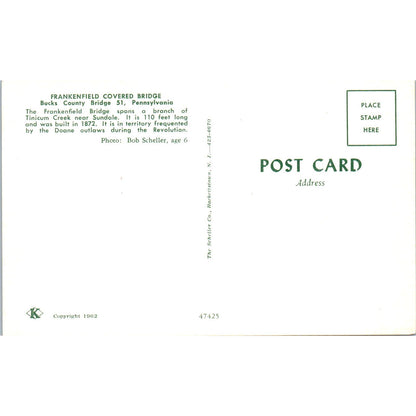 Frankenfield Covered Bridge Bucks County 51 PA Vintage Bridge Postcard PD3