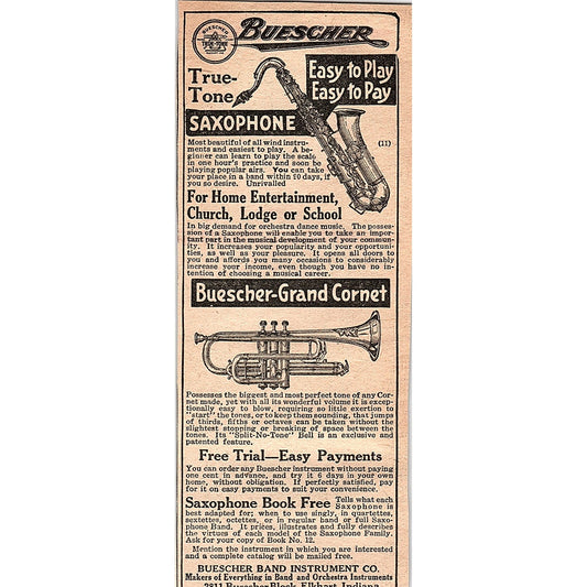 Buescher Band Instrument Grand Coronet True-Tone Saxophone Elkhart 1920 Ad AG2-6