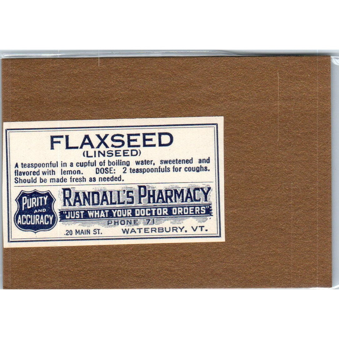 Randall's Pharmacy Flaxseed Waterbury VT Antique Apothecary Label TH2-AL