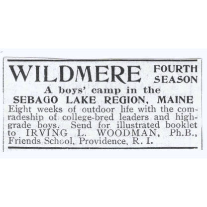 Wildmere Boys Camp Sebago Lakes ME Irving L. Woodman c1918 Advertisement AE5-SV3