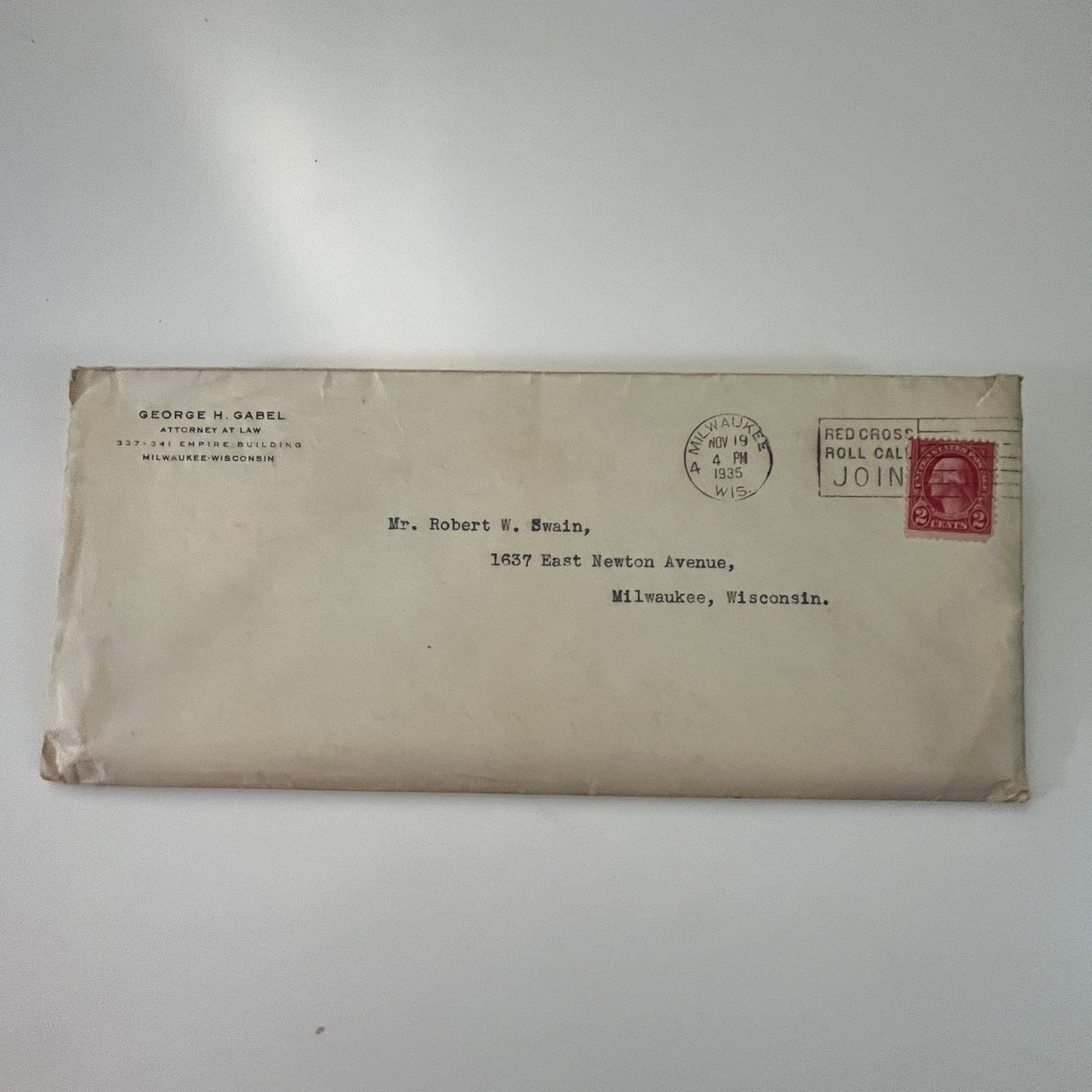 1935 George H Gabel Attorney Empire Building Milwaukee Envelope J17