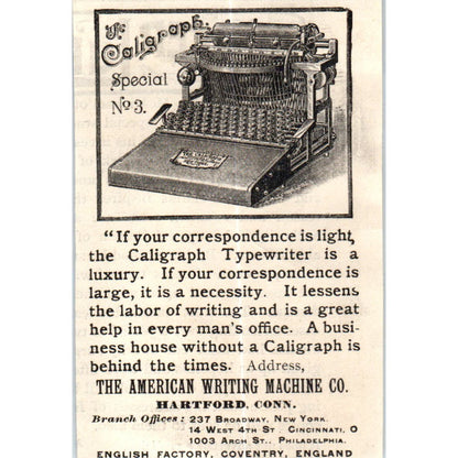 Caligraph American Writing Machine Co Hartford CT c1890 Victorian Ad AE8-CH5