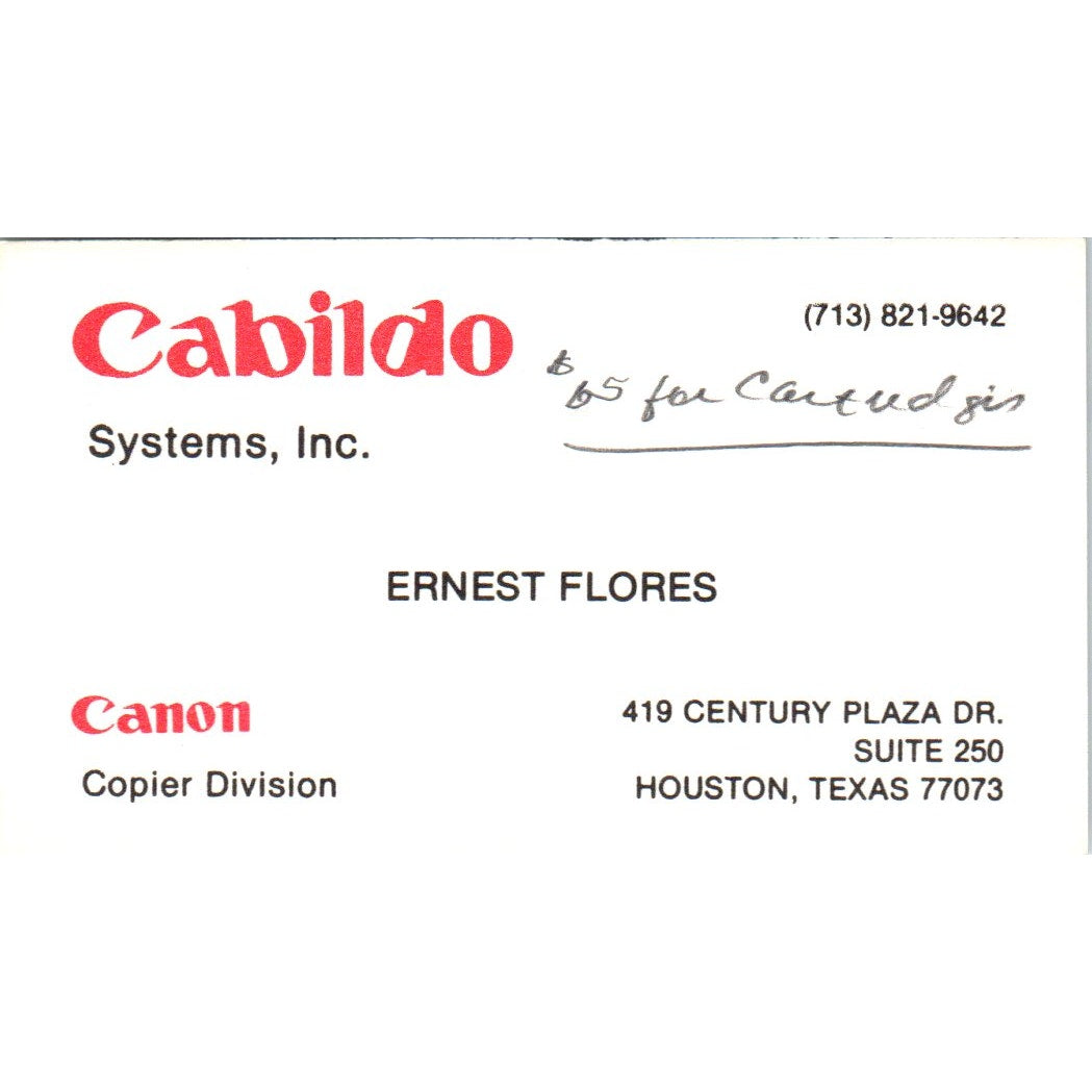 Ernest Florez Canon Cabildo Systems Inc Houston TX Vintage Business Card SE3-B3