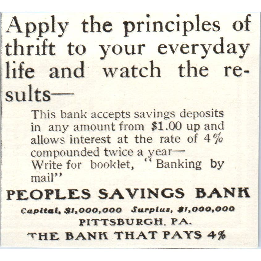 Peoples Savings Bank Pittsburgh PA c1905 Original Magazine Advertisement AE7-A3
