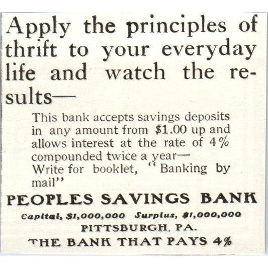 Peoples Savings Bank Pittsburgh PA c1905 Original Magazine Advertisement AE7-A3