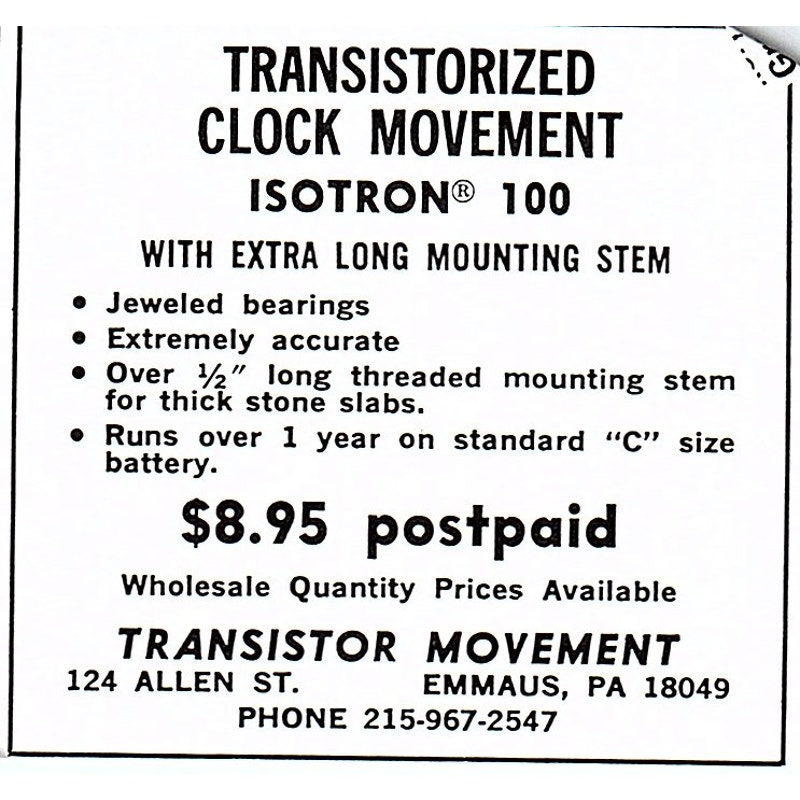 Transistor Movement Isotron Emmaus PA 1972 Ad AF8-M1