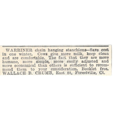 Warriner Chain Hanging Stanchions Wallace B. Crumb Forestville CT 1905 Magazine Ad AF1-NES2