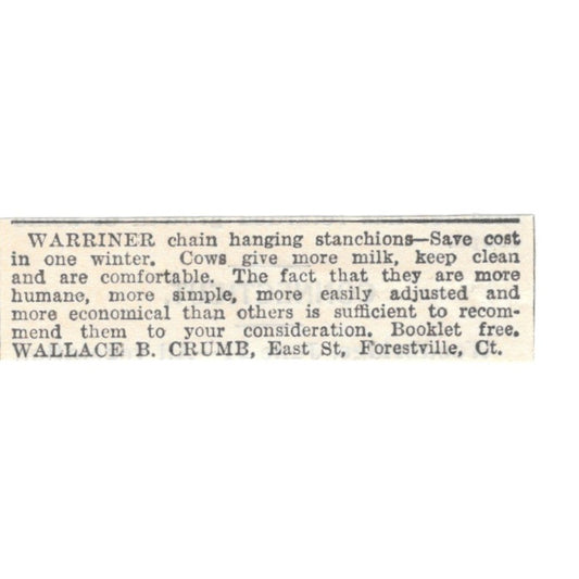 Warriner Chain Hanging Stanchions Wallace B. Crumb Forestville CT 1905 Magazine Ad AF1-NES2