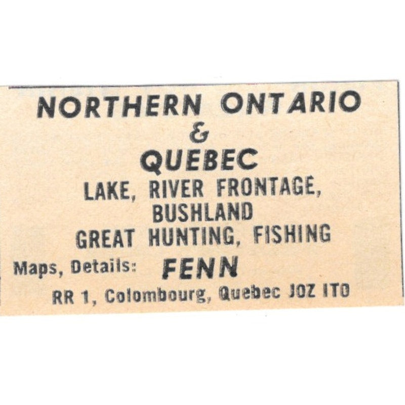 Fenn Ontario & Quebec Hunting & Fishing Colombourg Quebec 1977 Ad AF6-S4