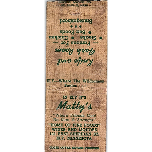 Matty's Knife and Fork Room Ely MN Vintage Matchbook Cover SF3-Y3