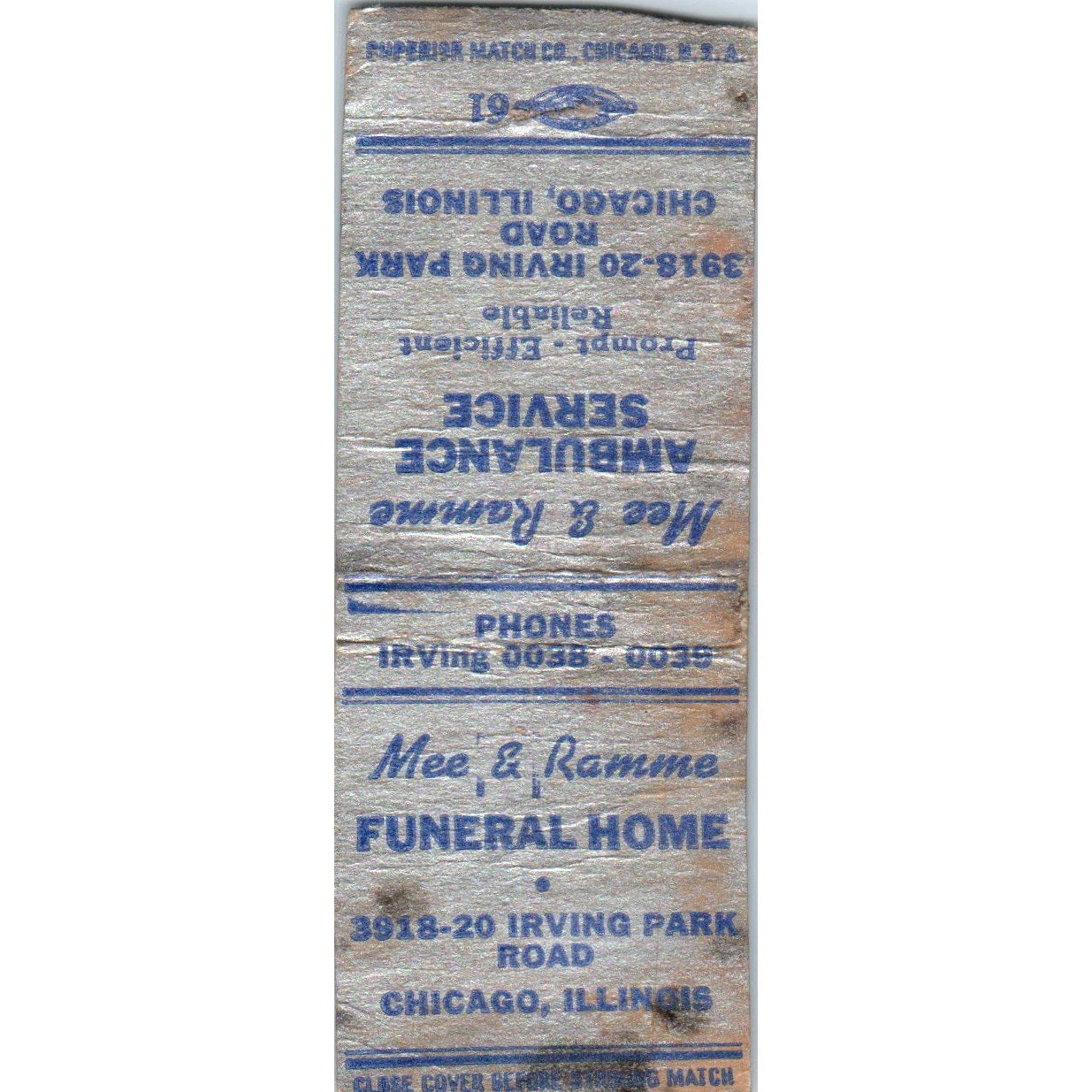 Mee & Ramme Funeral Home Ambulance Service Chicago Vtg Matchbook Cover SD2-Y14