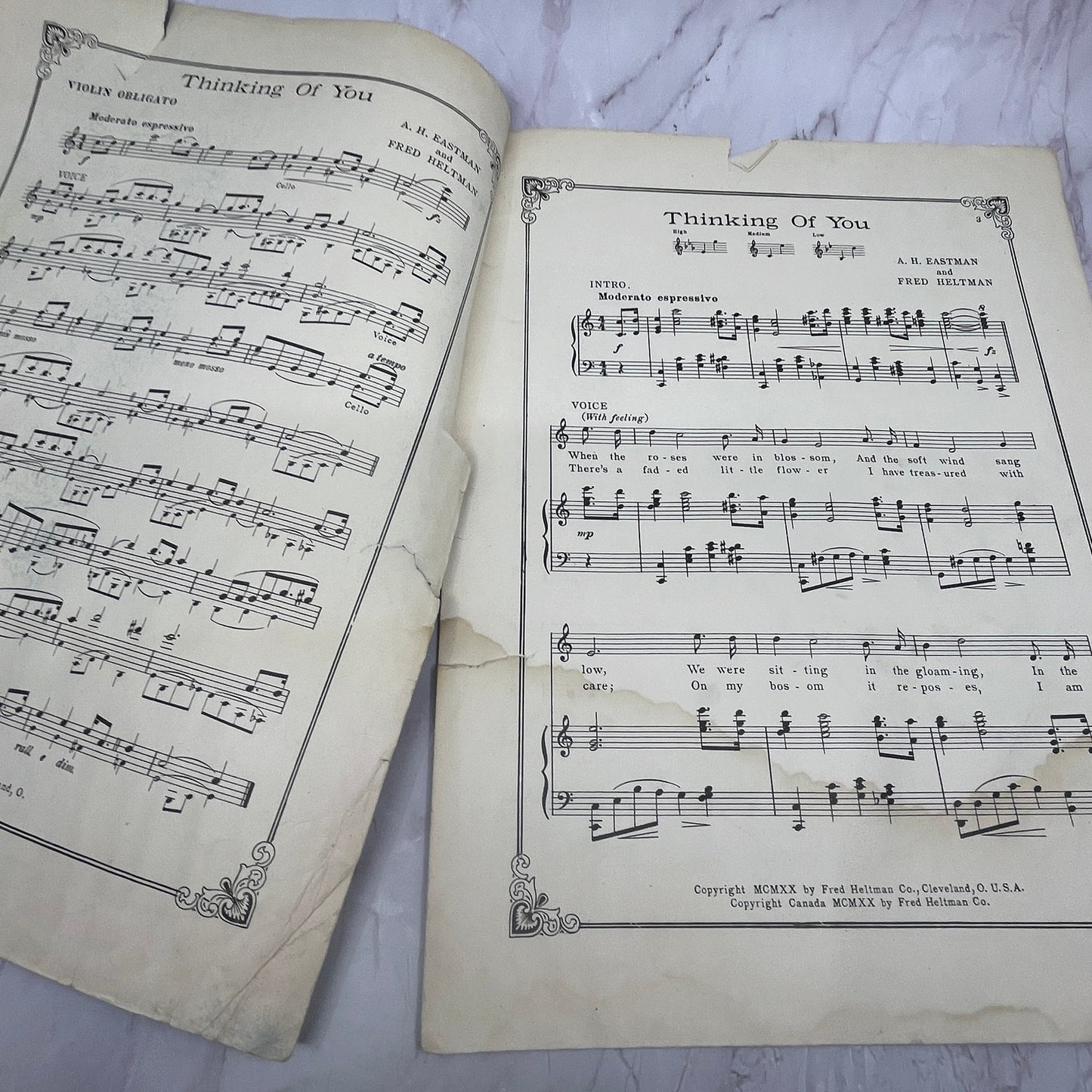 Thinking of You A.H. Eastman Fred Heltman 1920 Sheet Music V15