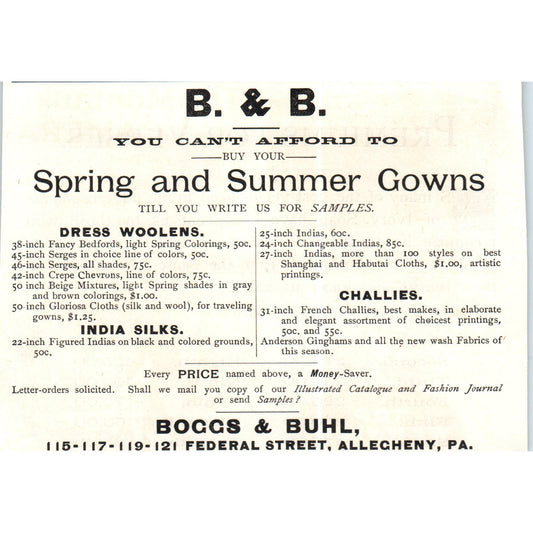 Boggs & Buhl Spring and Summer Gowns Allegheny PA c1890 Victorian Ad AE8-CH1