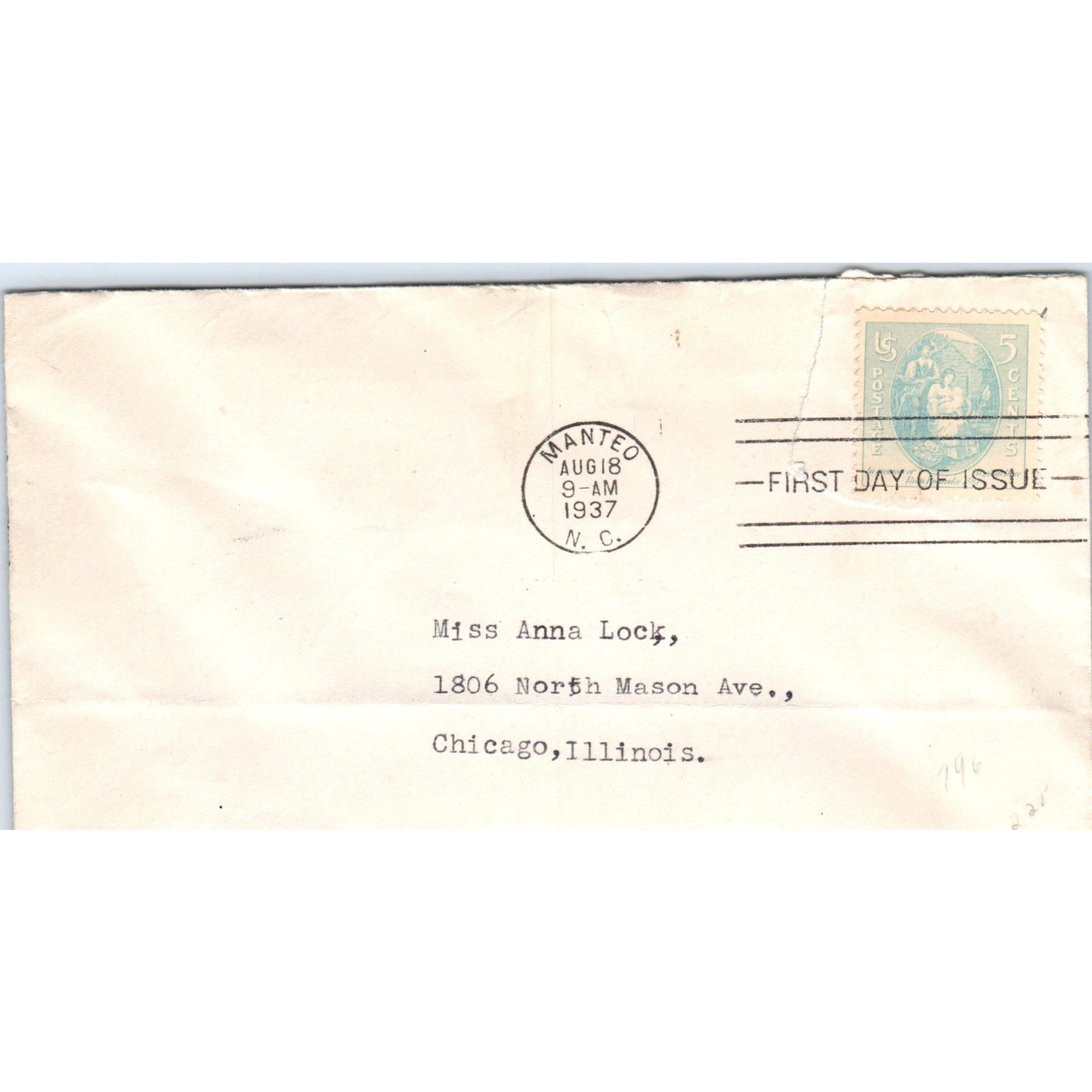 1937 Manteo NC Virginia Dare And Parents First Day Issue Postal Cover TG7-PC3