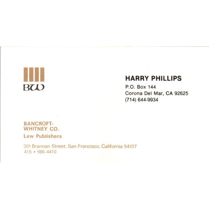Harry Phillips Bancroft-Whitney San Francisco CA Vintage Business Card SD8-B20