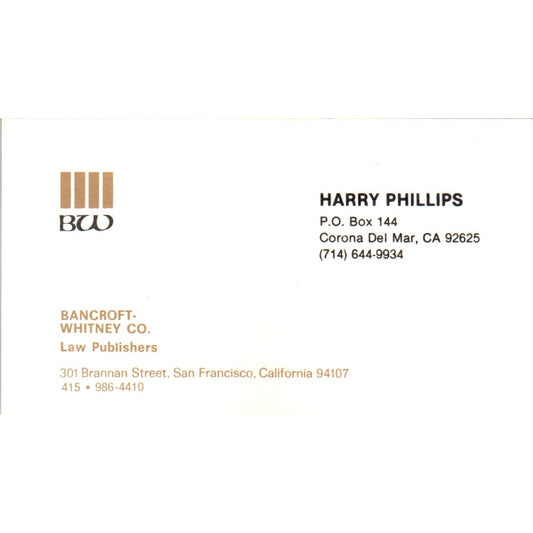 Harry Phillips Bancroft-Whitney San Francisco CA Vintage Business Card SD8-B20