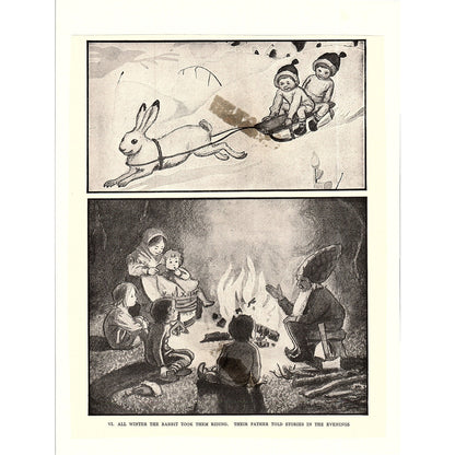 Bunny Rabbit Pulling Sleigh Children's Book Illustration Vtg Art Print 6x9 V12