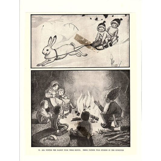 Bunny Rabbit Pulling Sleigh Children's Book Illustration Vtg Art Print 6x9 V12
