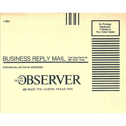 The Texas Observer Blank Postal Mailing Card Austin TX 1984 Ad AF6-7