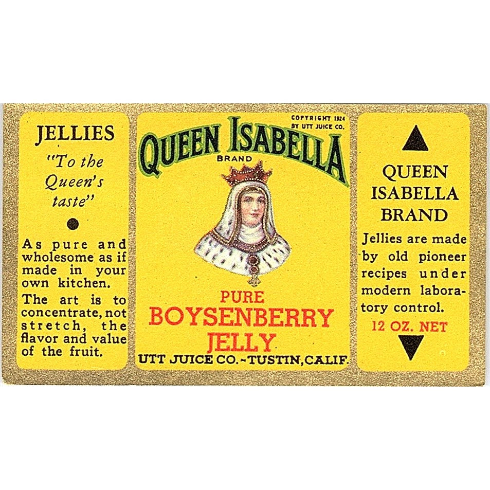 Queen Isabella Brand Boysenberry Jelly Label Tustin CA 2x3 c1915 AF6-M3