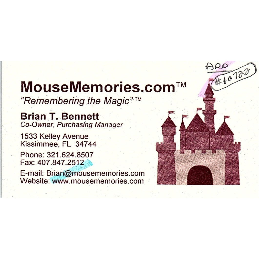 Mouse Memories Brian T Bennett Kissimmee FL Vintage Business Card SC9-B9