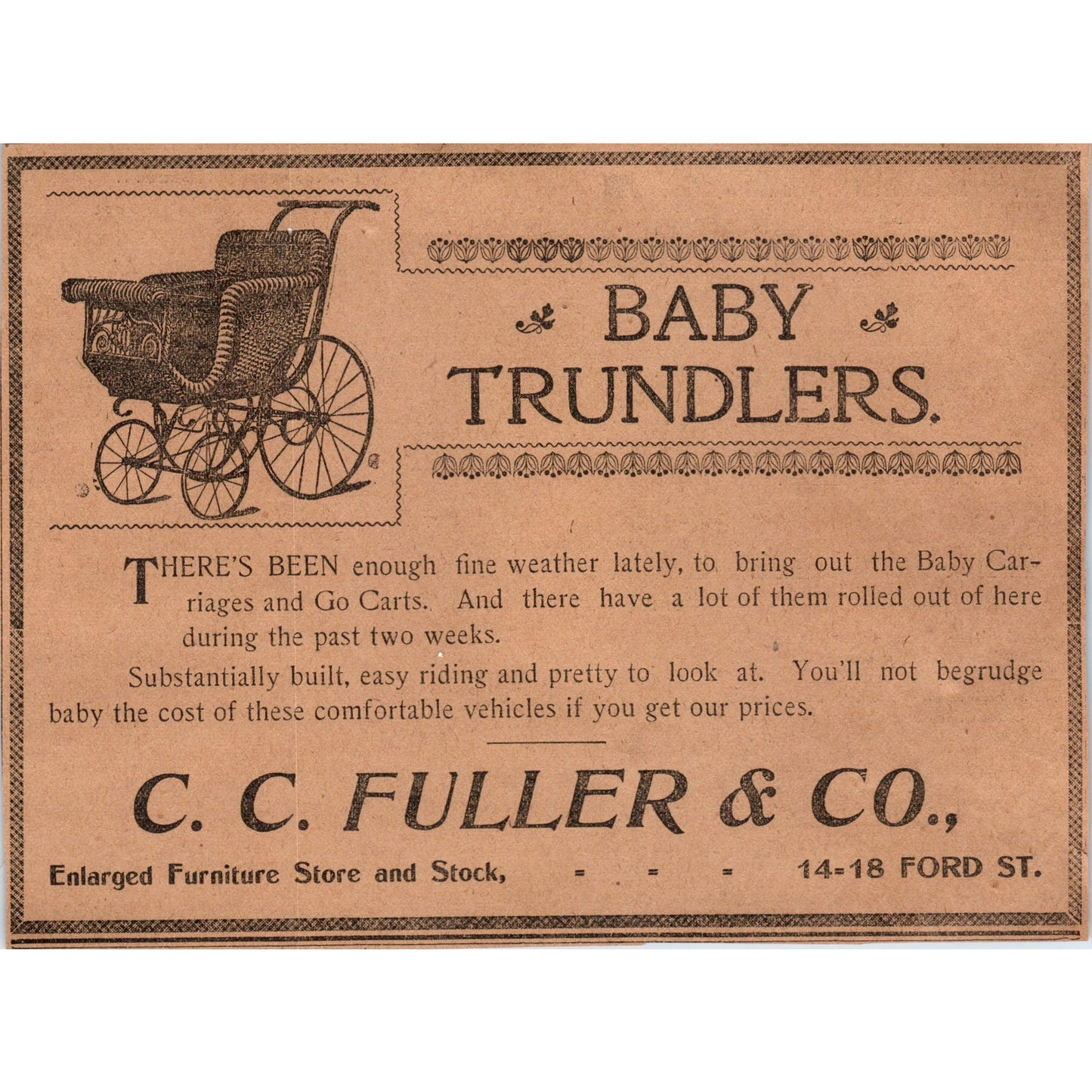 C.C. Fuller & Co Baby Trundlers Ford St Hartford 1901 Newspaper Ad AD8-H1