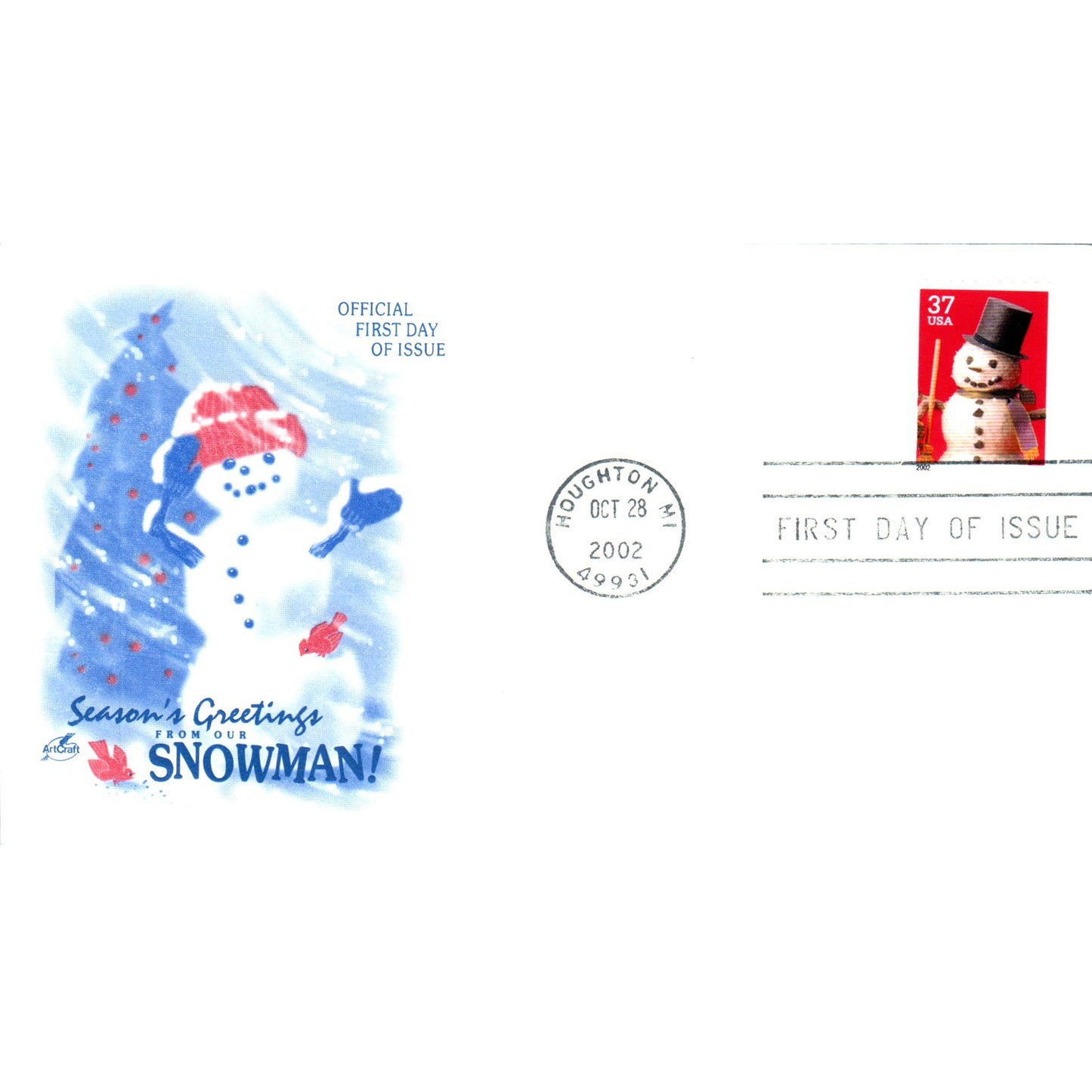 2002 ArtCraft Snowman Houghton MI First Day Postal Cover TI5-PC1