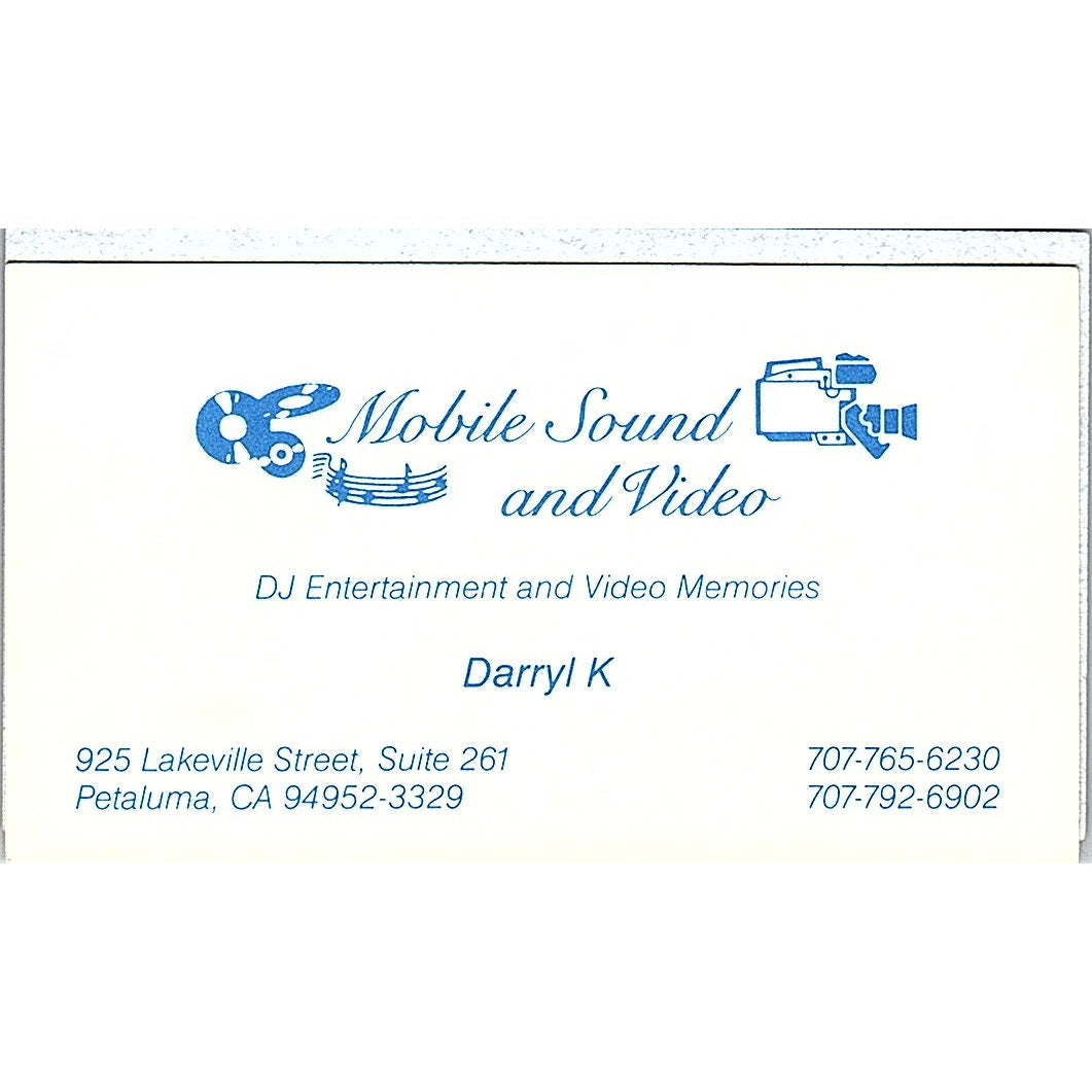 Mobile Sound and Video DJ Darryl K Petaluma CA Vintage Business Card SD9-B14