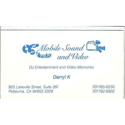 Mobile Sound and Video DJ Darryl K Petaluma CA Vintage Business Card SD9-B14