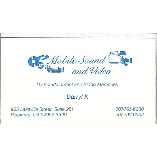 Mobile Sound and Video DJ Darryl K Petaluma CA Vintage Business Card SD9-B14