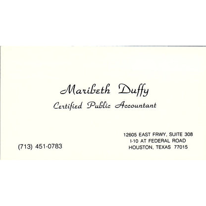 Maribeth Duffy Certified Public Accountant CPA Houston TX Business Card SB4-B3