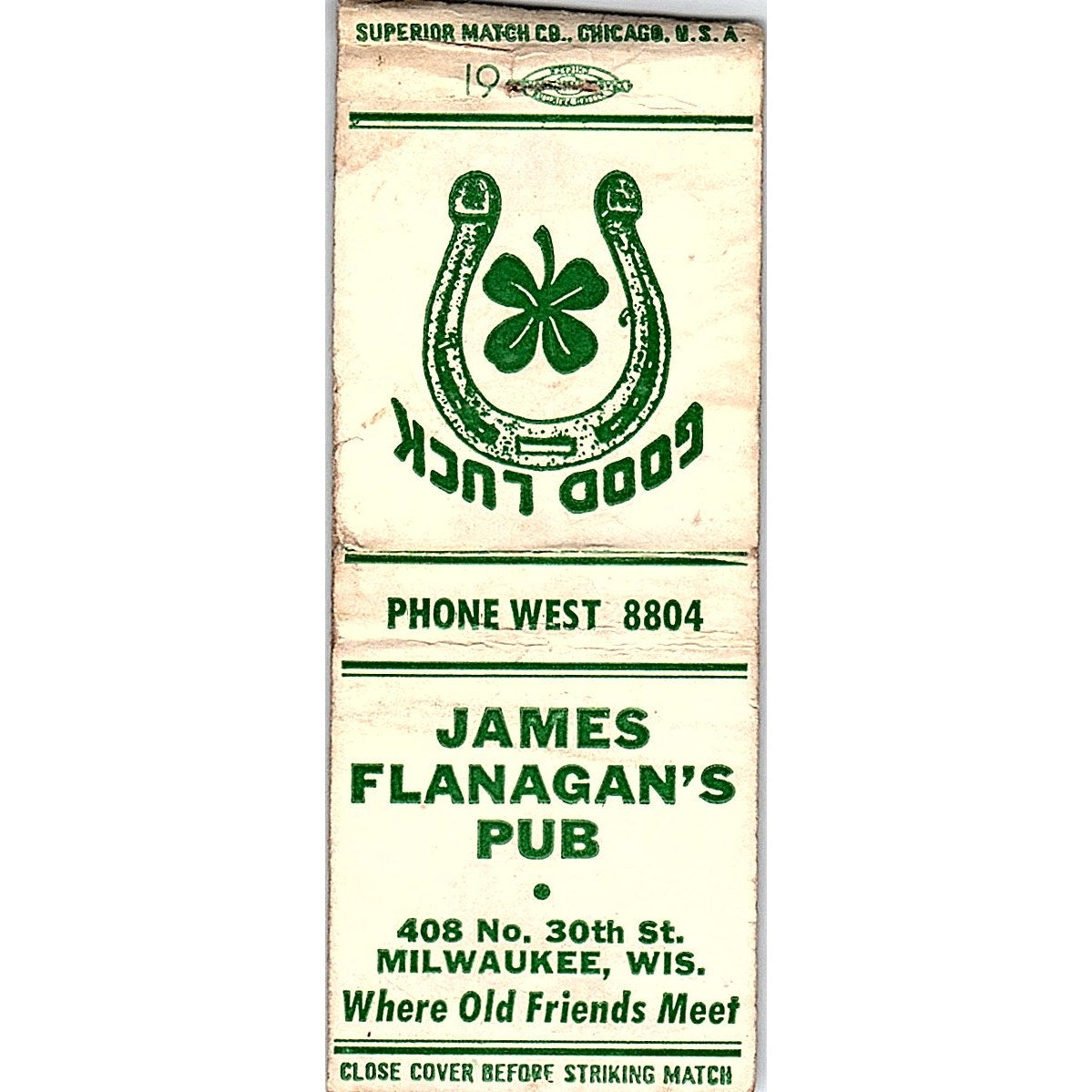 James Flanagan's Pub Milwaukee WI Vintage Matchbook Cover SF3-Y5