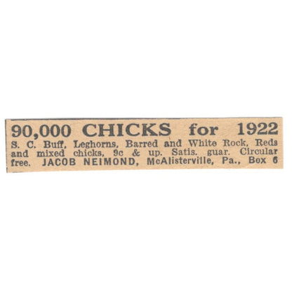 Jacob Neimond Chicks McAlisterville PA 1922 Magazine Ad AF2-T3
