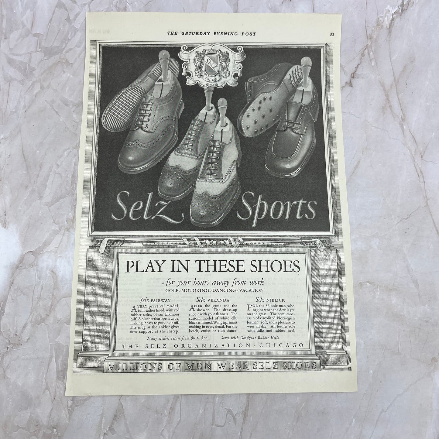 Selz Sports Shoes Chicago 1928 Original Magazine Advertisement FL6-8