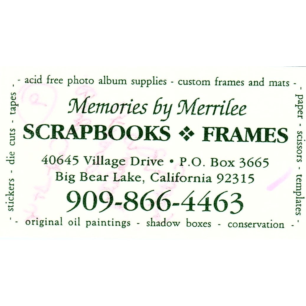 Memories by Merrilee Big Bear Lake CA Vintage Business Card SC9-B10