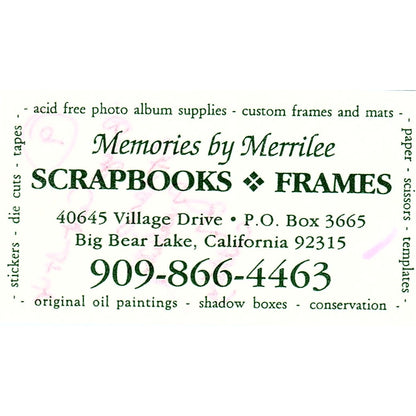 Memories by Merrilee Big Bear Lake CA Vintage Business Card SC9-B10