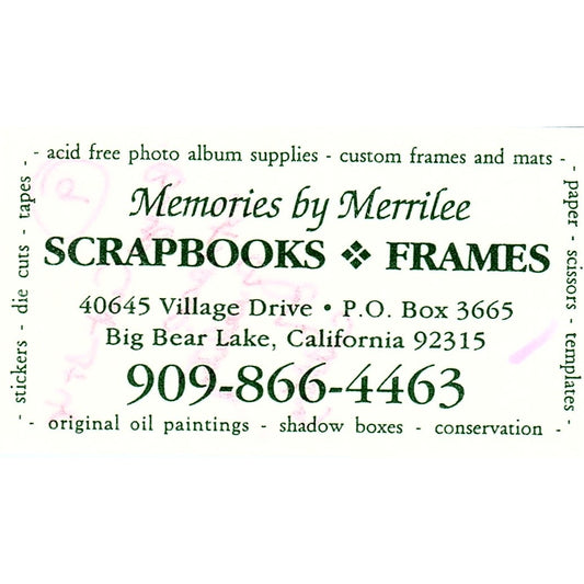 Memories by Merrilee Big Bear Lake CA Vintage Business Card SC9-B10