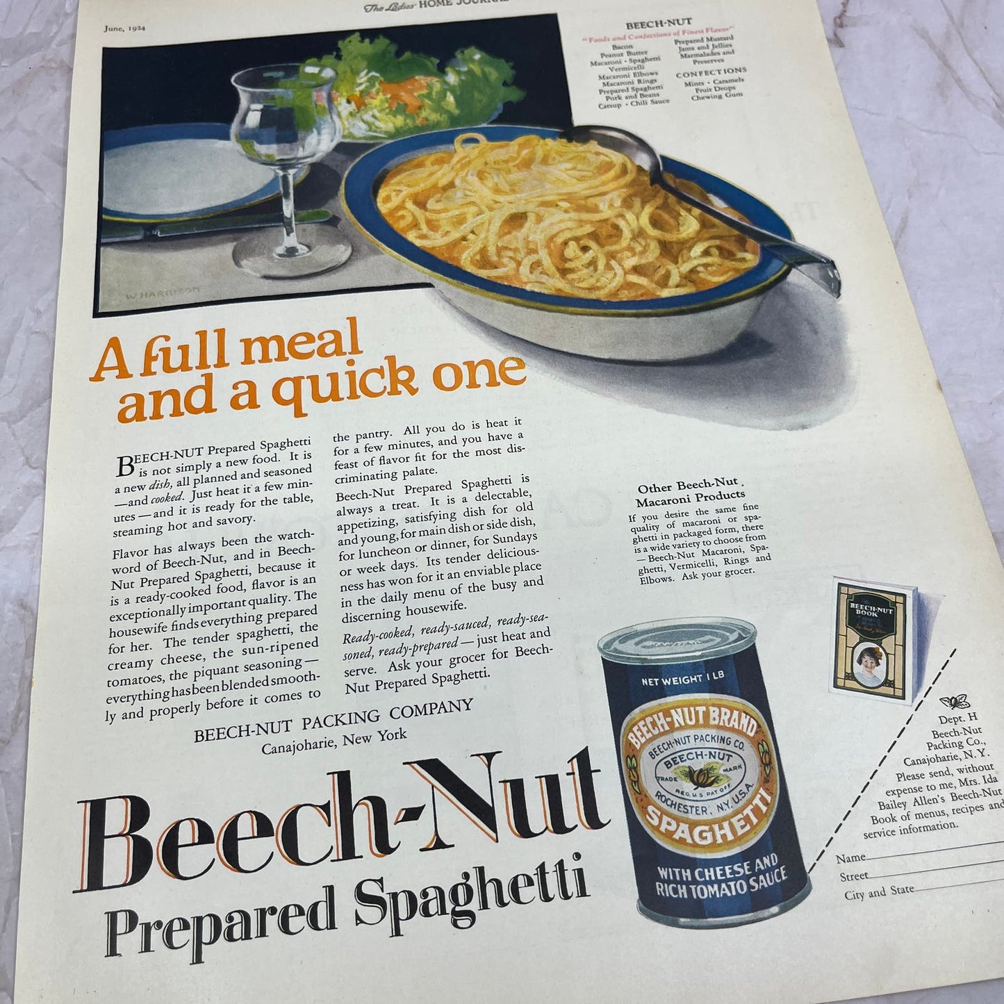 Beech-Nut Prepared Spaghetti Canned Rochester NY 1924 Magazine Ad FL6-11