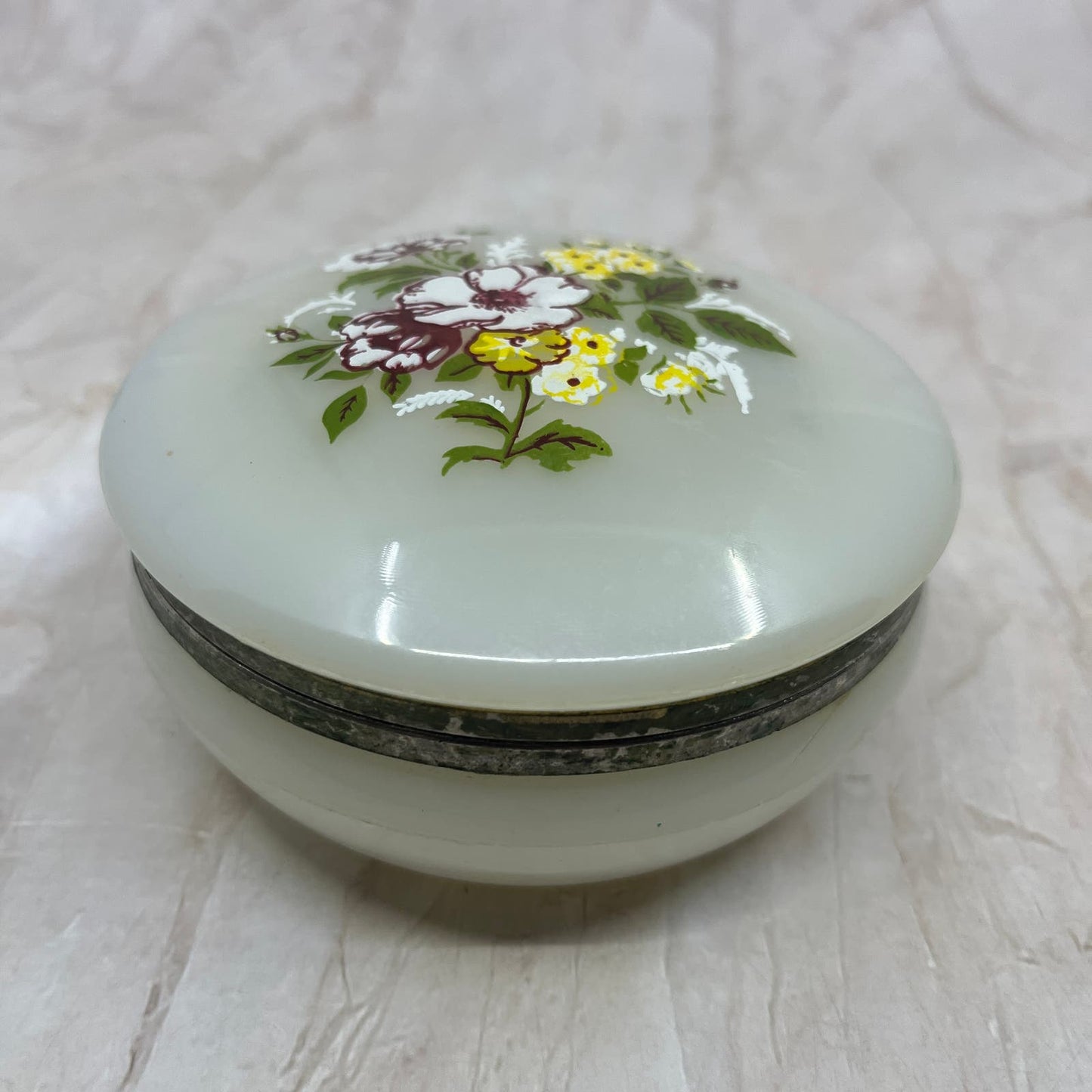 Vintage Celluloid Trinket Box Round Floral White Hinged Lid 4.25” TF5
