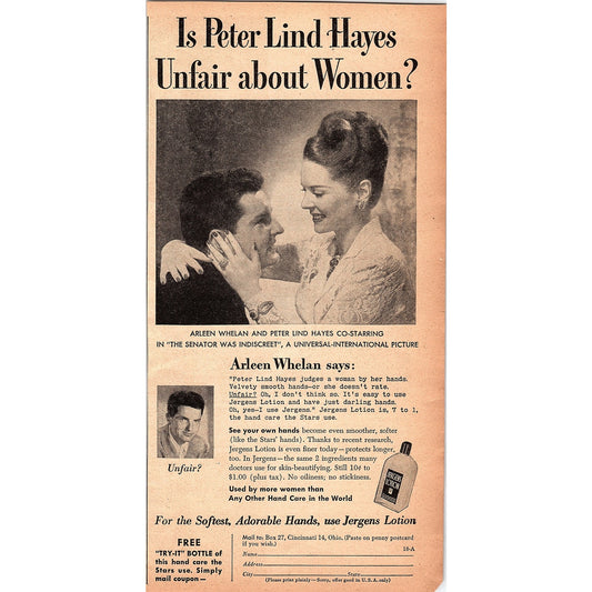 Peter Lind Hayes, Arleen Whelan - Jergens Lotion 1948 Ad AF8-1