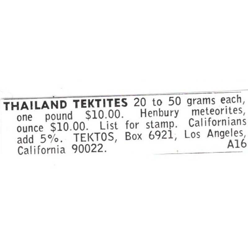 Tektos Thailand Tektites Los Angeles CA 1972 Ad AF8-S17