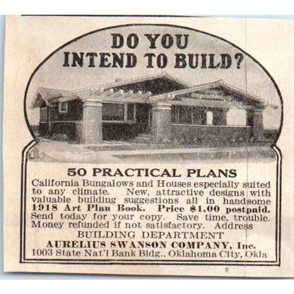 California Bungalow Plans Aurelius Swanson Co Oklahoma City 1918 Ad AF1-SS2