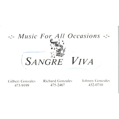 Sangre Viva Gilbert, Richard, Johnny Gonzalez Vintage Business Card SD8-B12