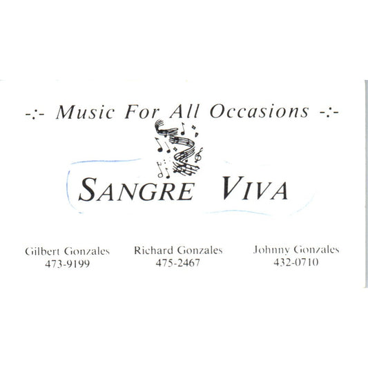 Sangre Viva Gilbert, Richard, Johnny Gonzalez Vintage Business Card SD8-B12