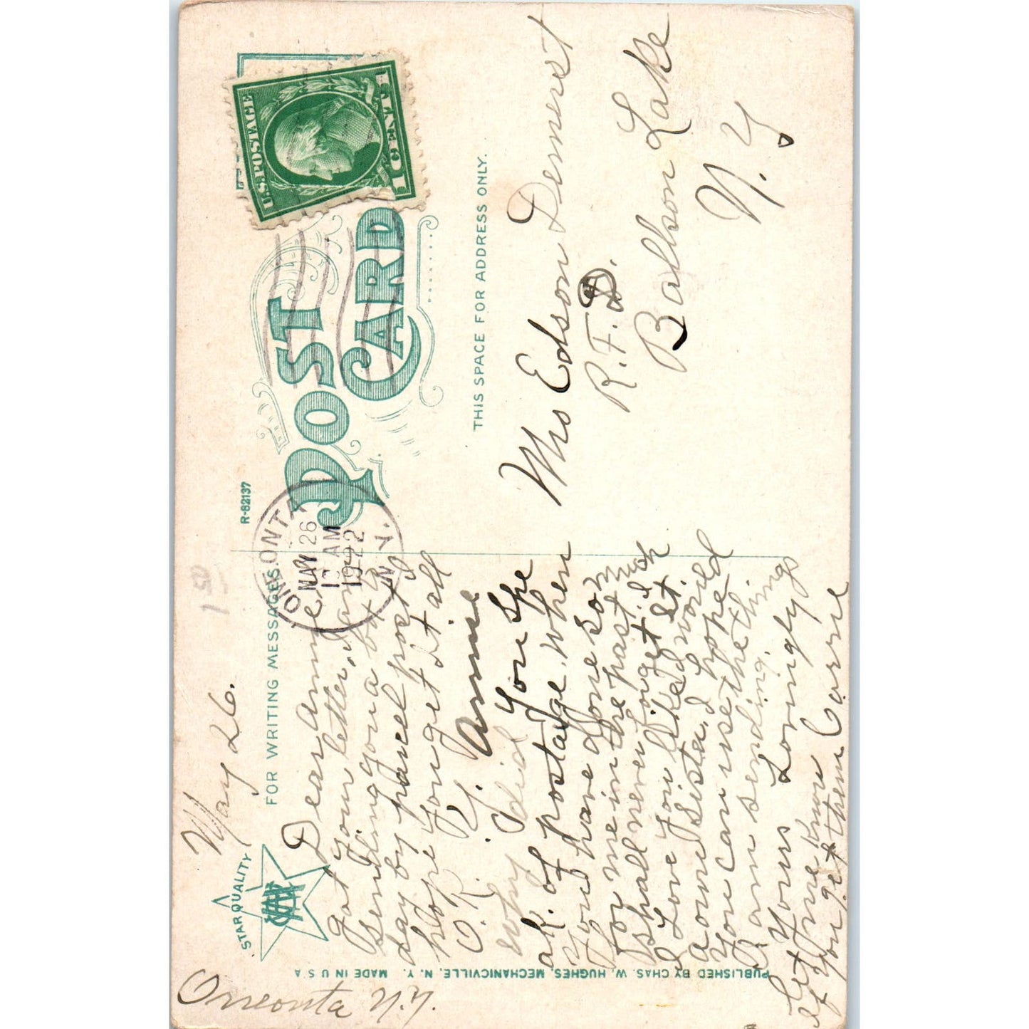 1922 Leatherstocking Falls Cooperstown NY Postcard PC7