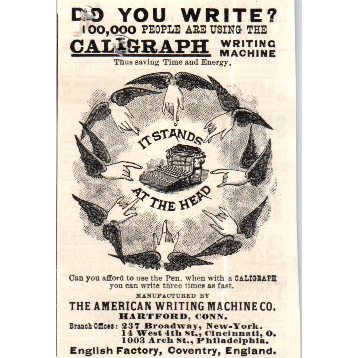 Caligraph American Writing Machine Co Hartford CT c1890 Victorian Ad AE8-CH8