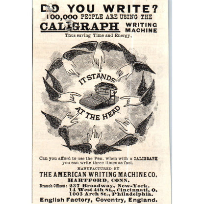 Caligraph American Writing Machine Co Hartford CT c1890 Victorian Ad AE8-CH8