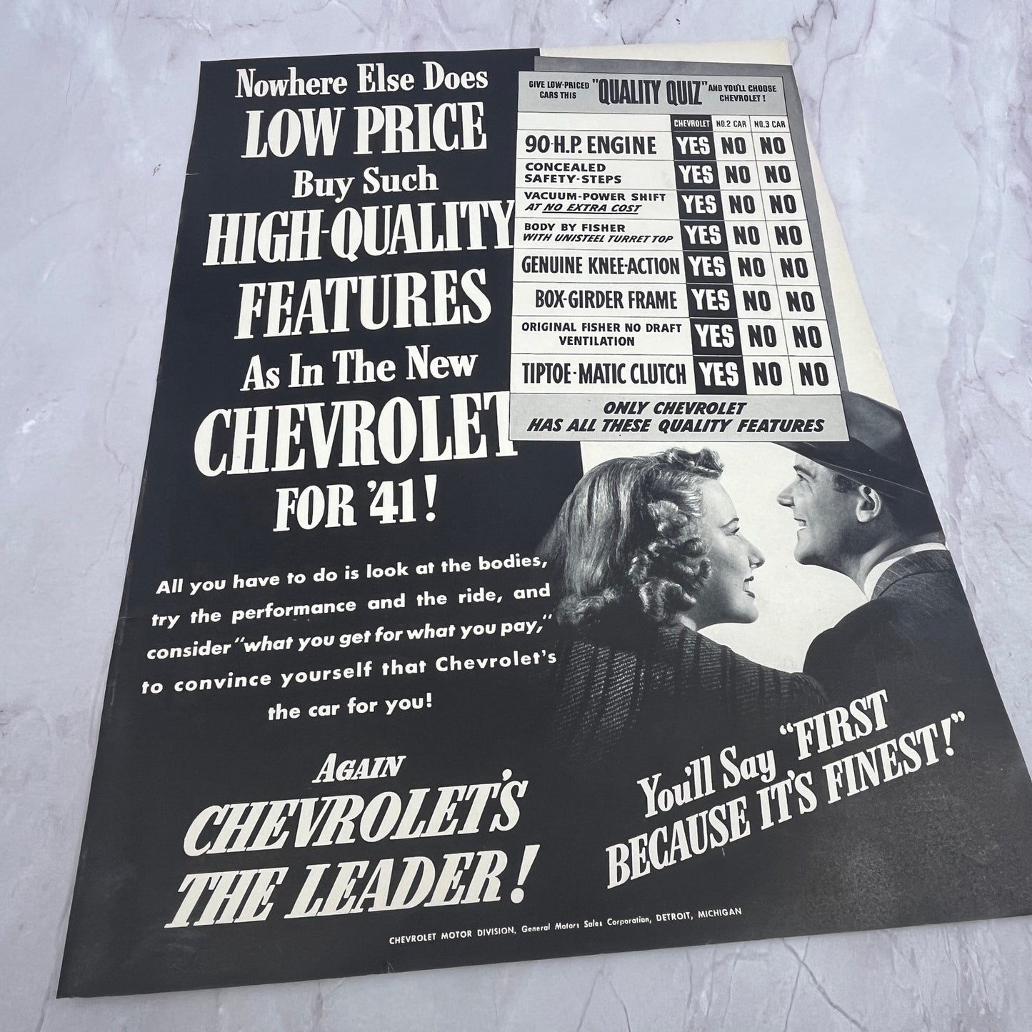 1941 Chevrolet Quality Quiz 90 HP Engine Tiptoe-Matic Clutch 1940 Ad V14-8
