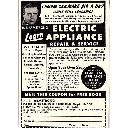 H.T. Armstrong Pacific Training Schools Learn Appliance Repair 1955 Ad AF9-M1