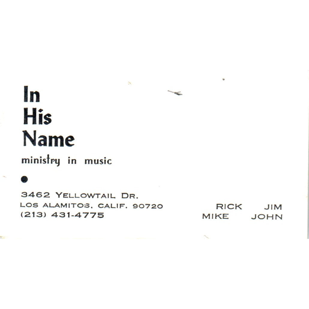In His Name Ministry in Music Los Alamitos CA Vintage Business Card SD8-B12
